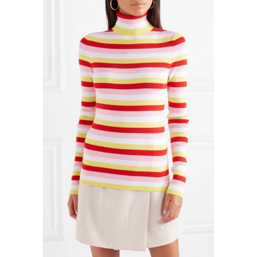 La Ligne Multi Color Tick Striped Ribbed Turtleneck Sweater Designer Top Large